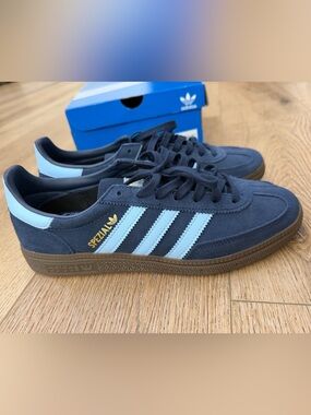 adidas Navy Suede Handball Spezial Sneakers with Pale Blue Stripes